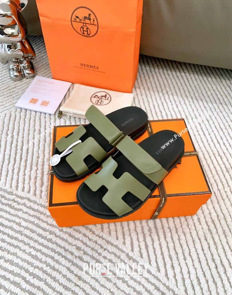 Hermes Chypre Flat Sandals in Smooth Calfskin Green 2024 0123 (MD-240123102)