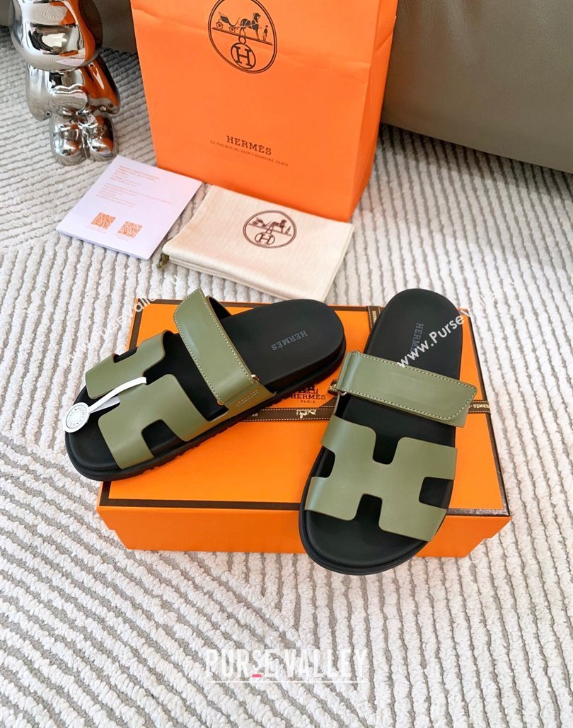 Hermes Chypre Flat Sandals in Smooth Calfskin Green 2024 0123 (MD-240123102)