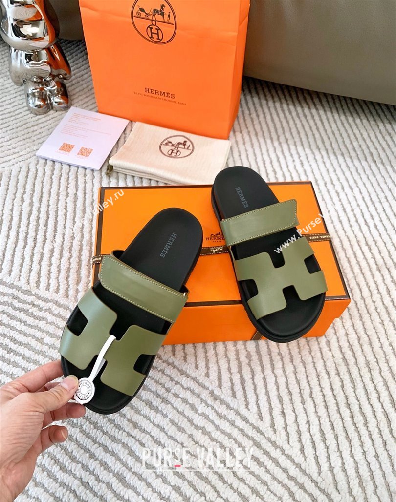 Hermes Chypre Flat Sandals in Smooth Calfskin Green 2024 0123 (MD-240123102)