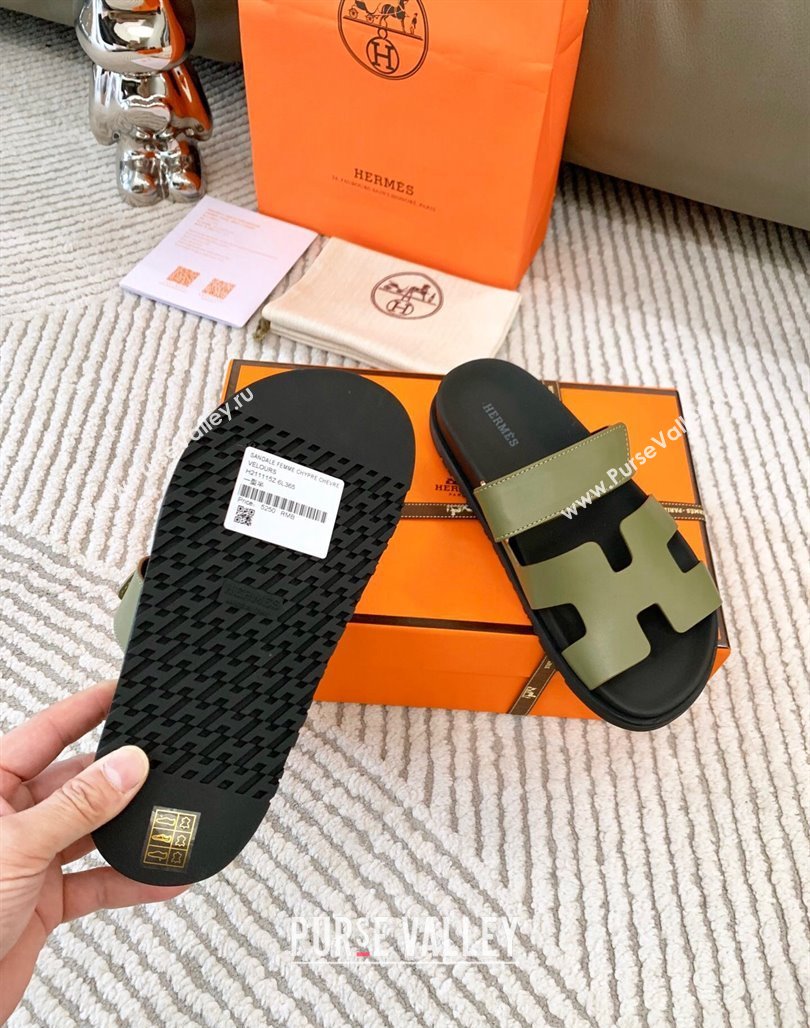 Hermes Chypre Flat Sandals in Smooth Calfskin Green 2024 0123 (MD-240123102)