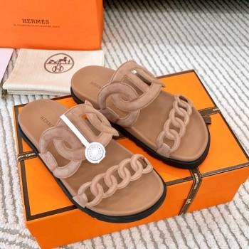 Hermes Extra Suede Chain Flat Slide Sandals Dark Beige 2024 0123 (MD-240123099)