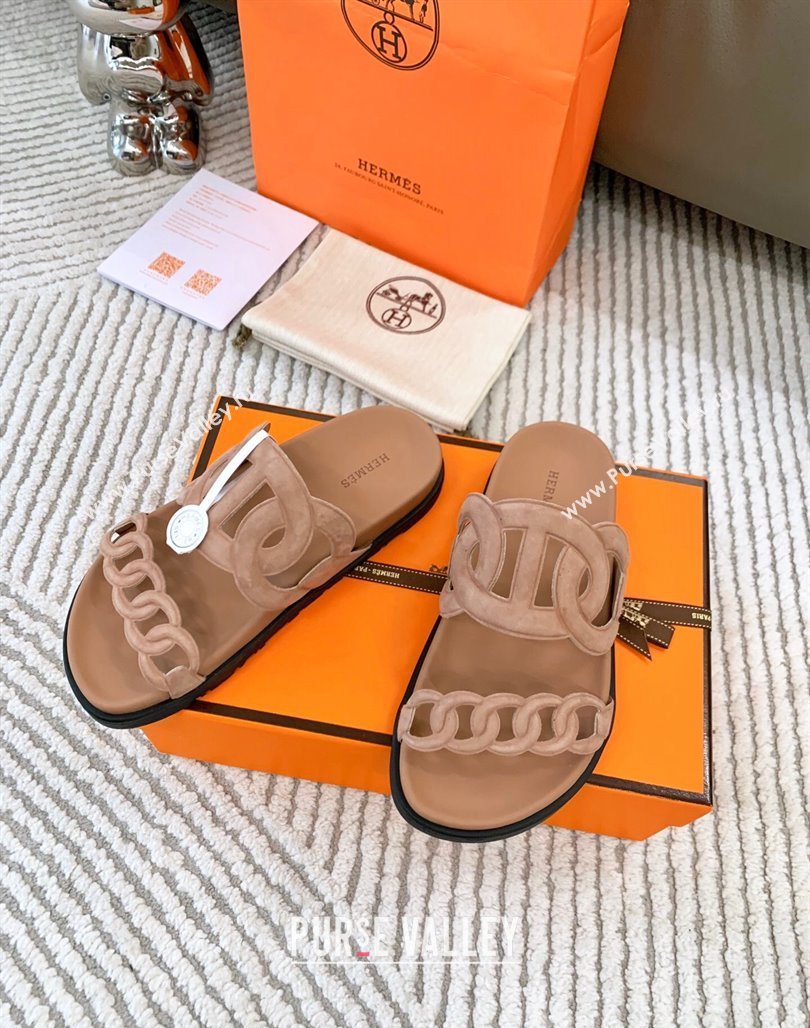 Hermes Extra Suede Chain Flat Slide Sandals Dark Beige 2024 0123 (MD-240123099)