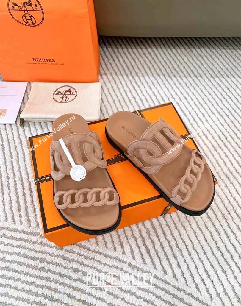 Hermes Extra Suede Chain Flat Slide Sandals Dark Beige 2024 0123 (MD-240123099)