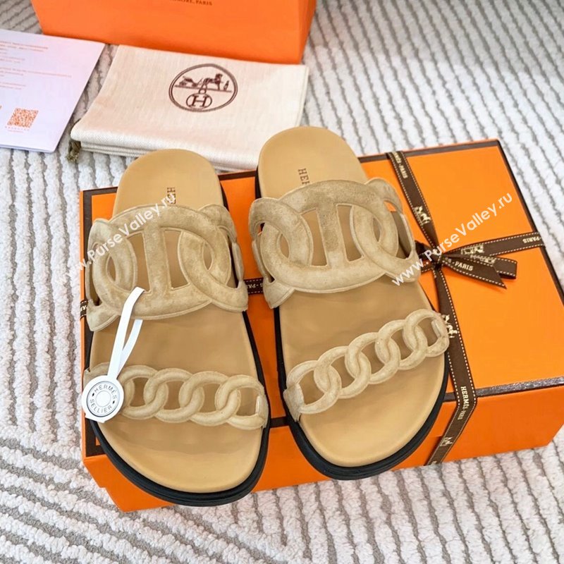 Hermes Extra Suede Chain Flat Slide Sandals Light Beige 2024 0123 (MD-240123100)