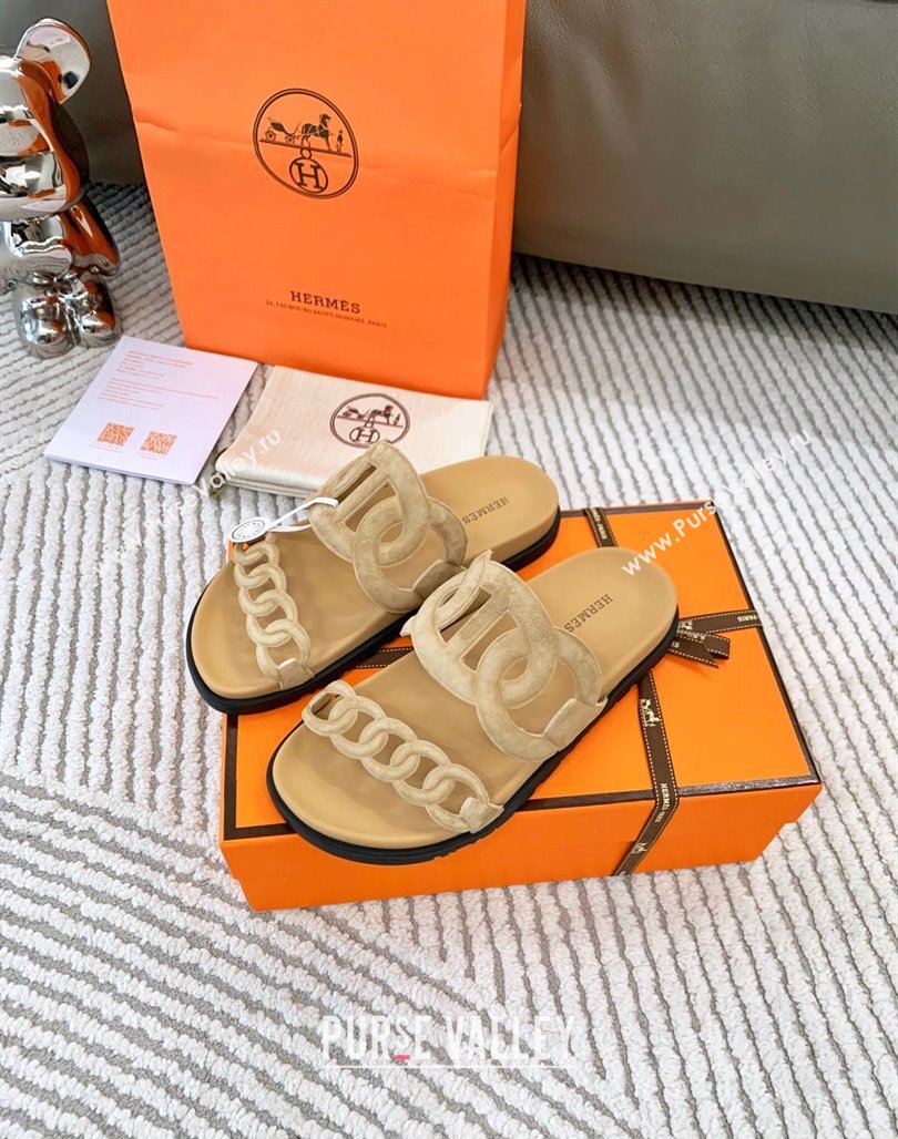 Hermes Extra Suede Chain Flat Slide Sandals Light Beige 2024 0123 (MD-240123100)