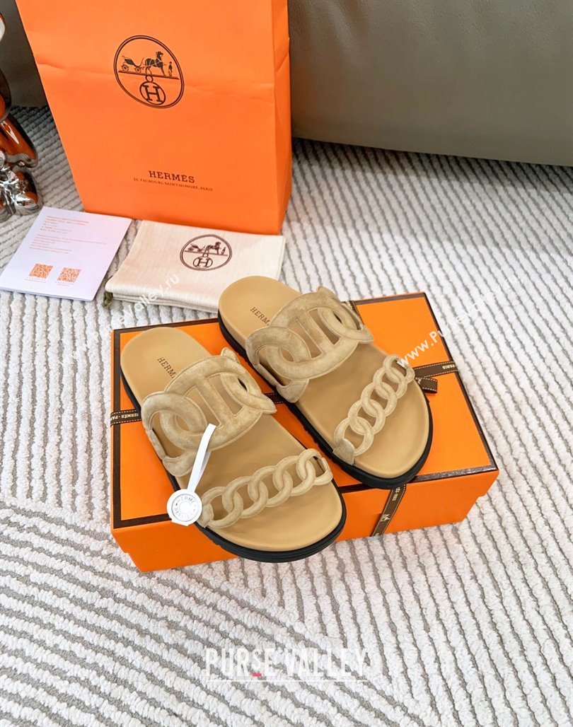 Hermes Extra Suede Chain Flat Slide Sandals Light Beige 2024 0123 (MD-240123100)