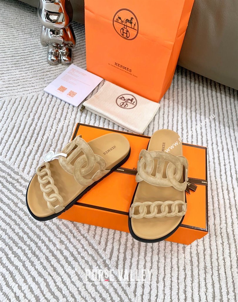 Hermes Extra Suede Chain Flat Slide Sandals Light Beige 2024 0123 (MD-240123100)