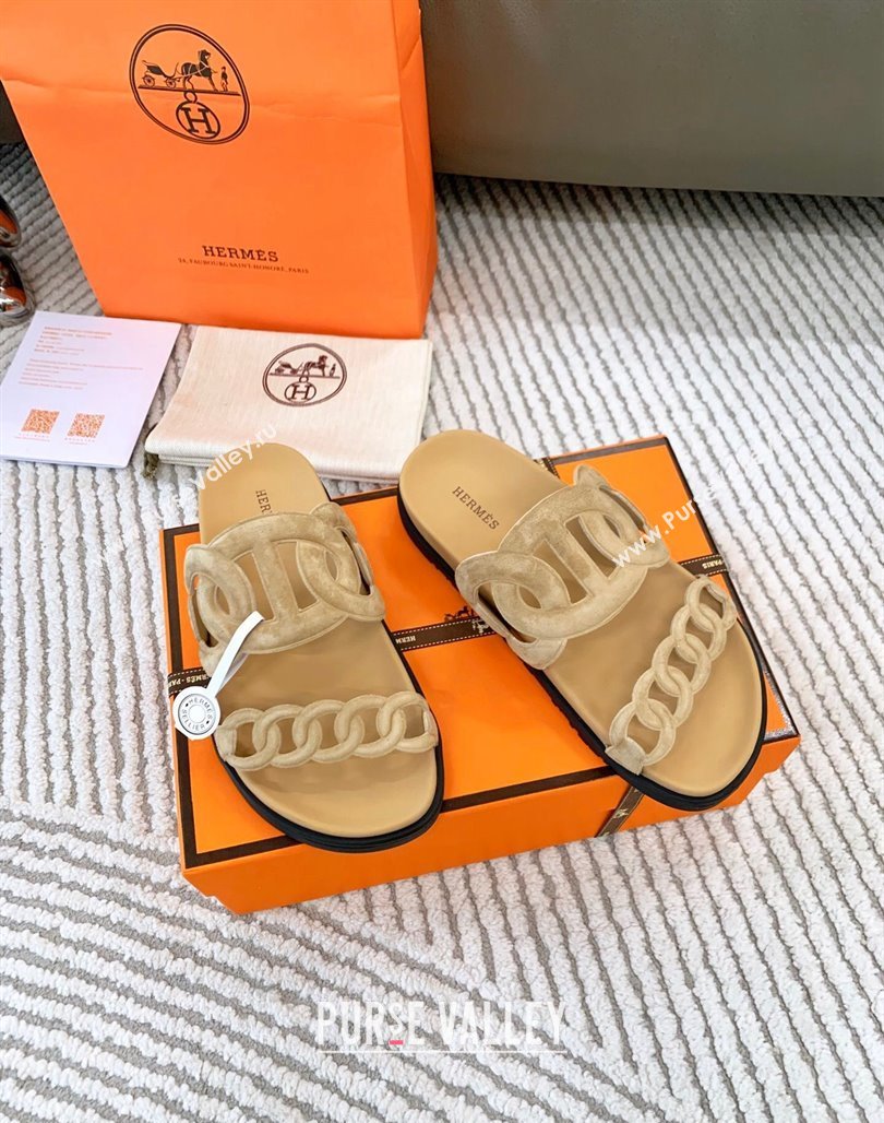 Hermes Extra Suede Chain Flat Slide Sandals Light Beige 2024 0123 (MD-240123100)