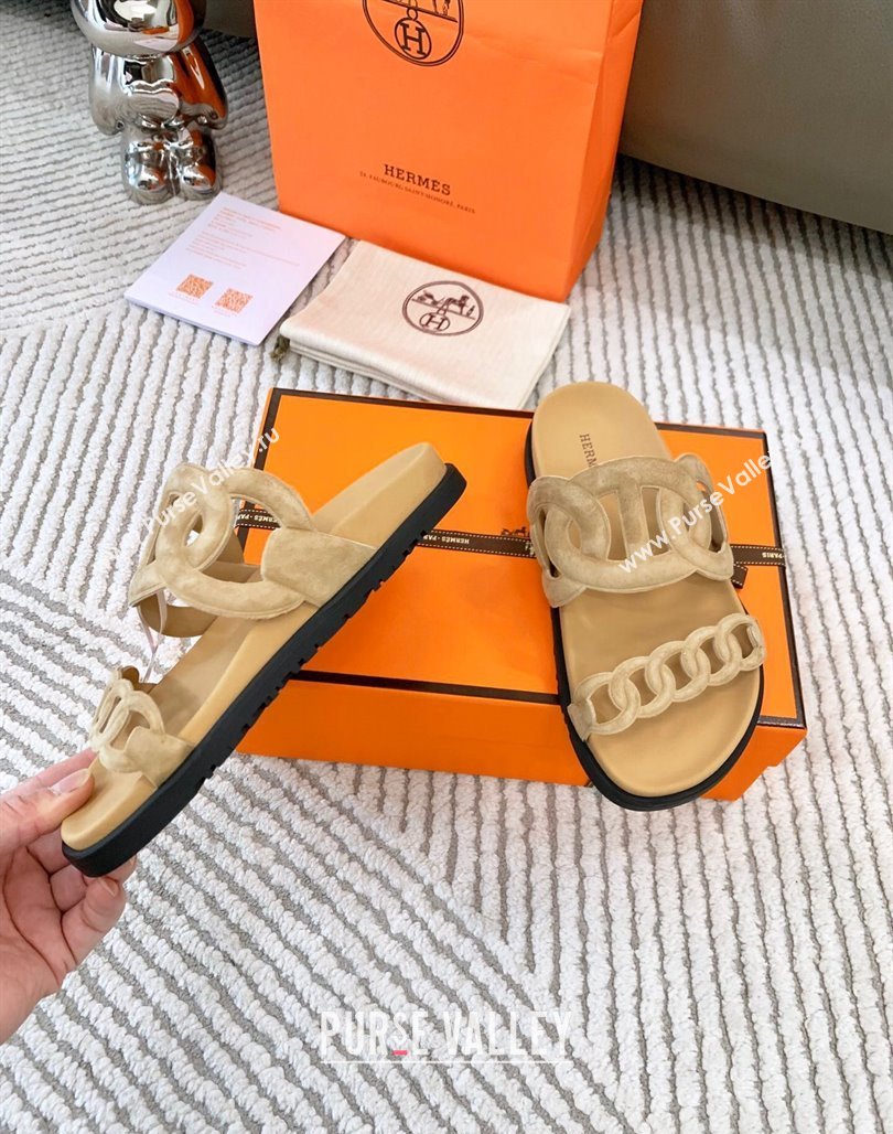 Hermes Extra Suede Chain Flat Slide Sandals Light Beige 2024 0123 (MD-240123100)