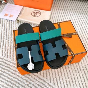 Hermes Chypre Flat Sandals in Grained Calfskin Blue/Green 2024 0123 (MD-240123104)