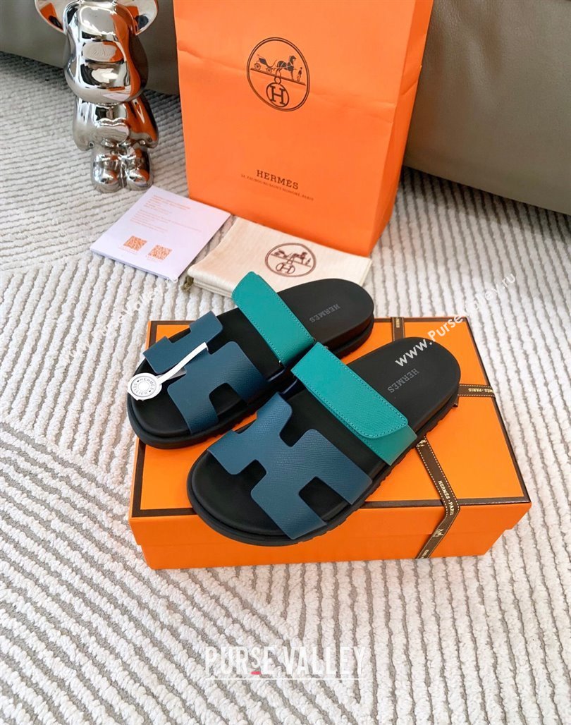 Hermes Chypre Flat Sandals in Grained Calfskin Blue/Green 2024 0123 (MD-240123104)