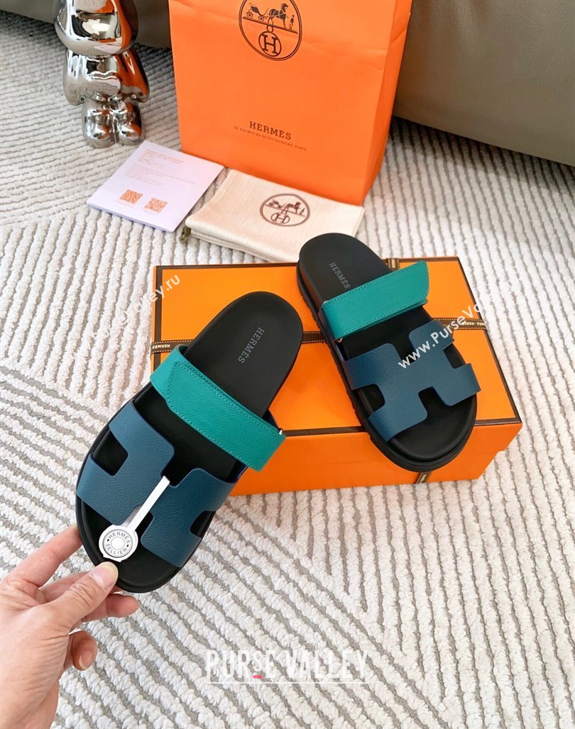 Hermes Chypre Flat Sandals in Grained Calfskin Blue/Green 2024 0123 (MD-240123104)