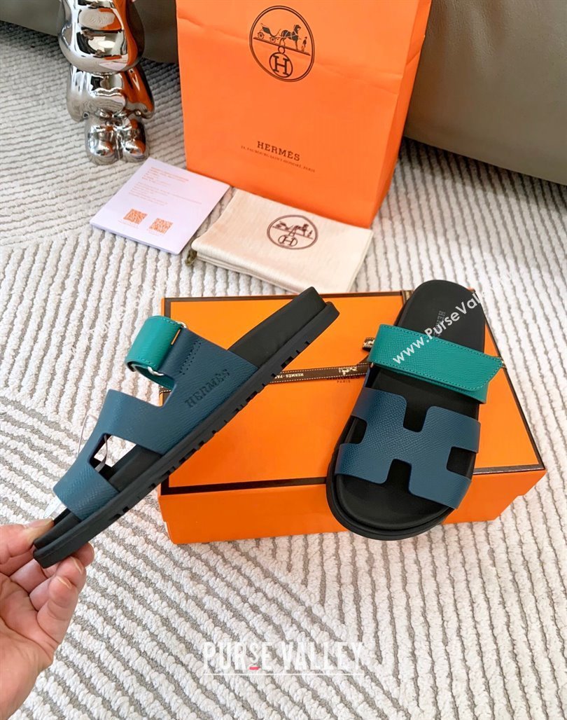 Hermes Chypre Flat Sandals in Grained Calfskin Blue/Green 2024 0123 (MD-240123104)