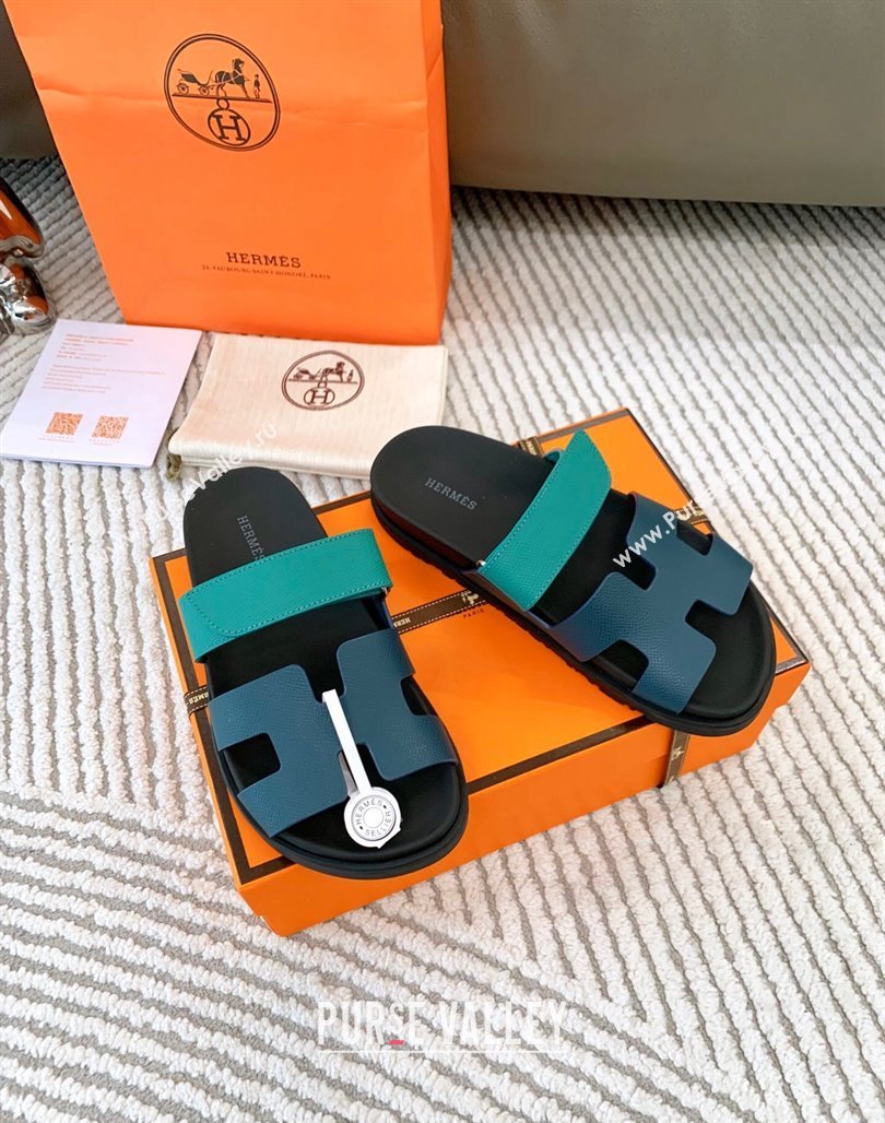 Hermes Chypre Flat Sandals in Grained Calfskin Blue/Green 2024 0123 (MD-240123104)