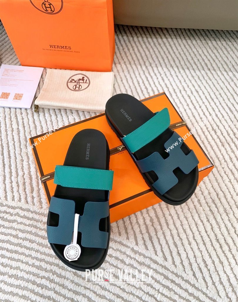 Hermes Chypre Flat Sandals in Grained Calfskin Blue/Green 2024 0123 (MD-240123104)