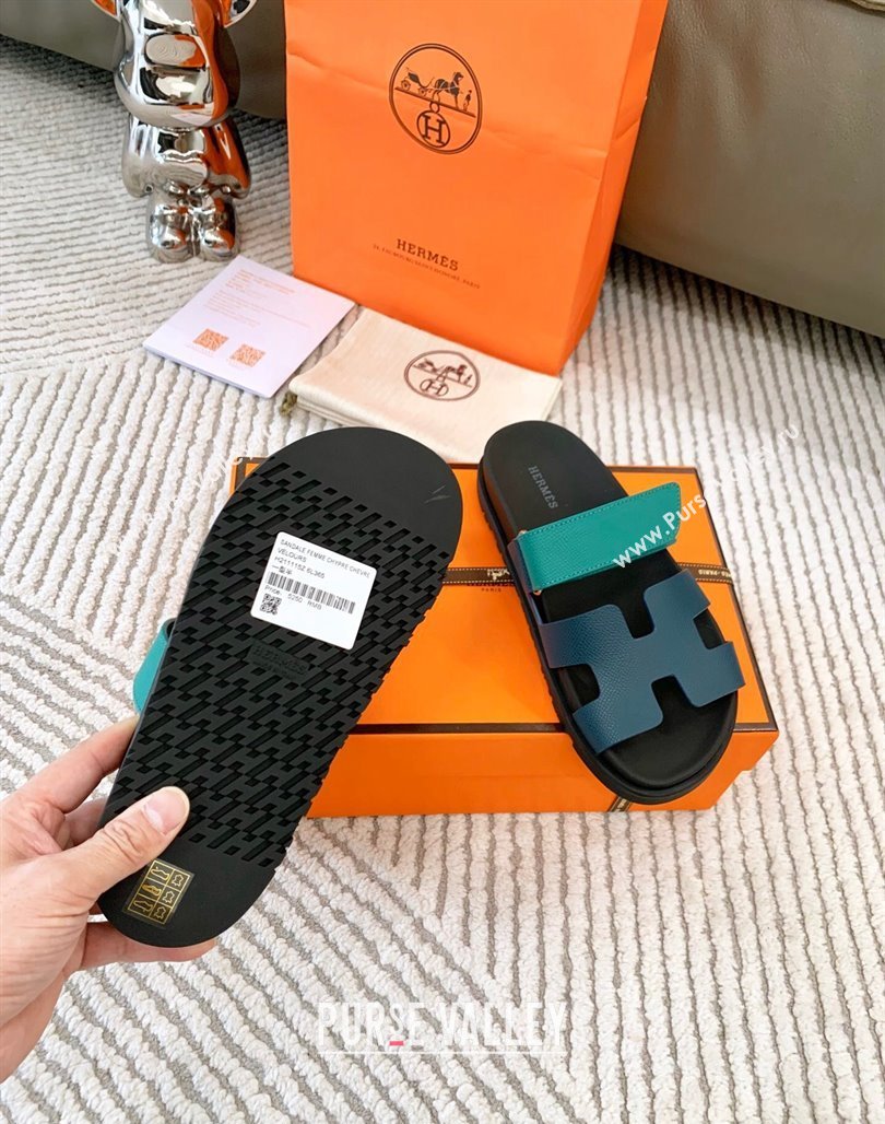 Hermes Chypre Flat Sandals in Grained Calfskin Blue/Green 2024 0123 (MD-240123104)