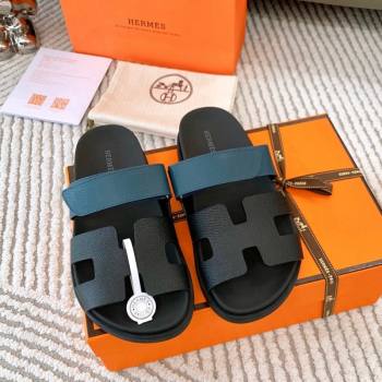 Hermes Chypre Flat Sandals in Grained Calfskin Black/Blue 2024 0123 (MD-240123105)