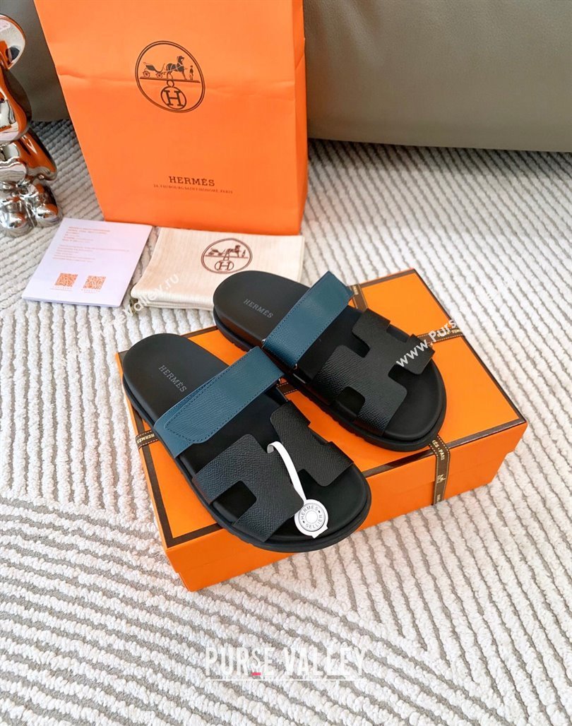 Hermes Chypre Flat Sandals in Grained Calfskin Black/Blue 2024 0123 (MD-240123105)