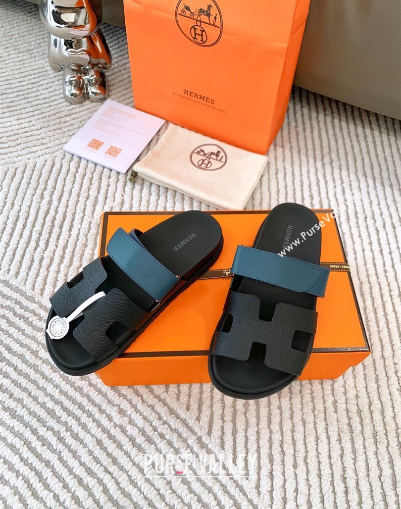 Hermes Chypre Flat Sandals in Grained Calfskin Black/Blue 2024 0123 (MD-240123105)