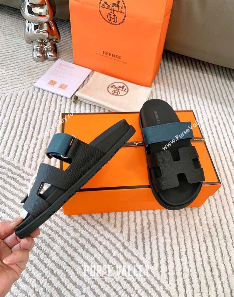 Hermes Chypre Flat Sandals in Grained Calfskin Black/Blue 2024 0123 (MD-240123105)