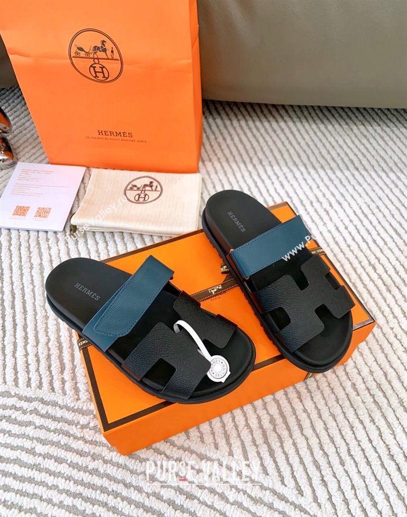 Hermes Chypre Flat Sandals in Grained Calfskin Black/Blue 2024 0123 (MD-240123105)