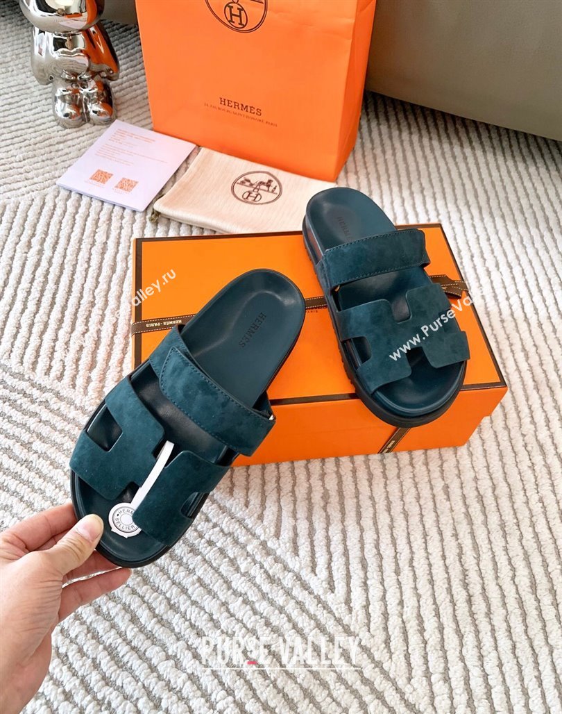 Hermes Chypre Flat Sandals in Suede Peacock Green 2024 0123 (MD-240123107)