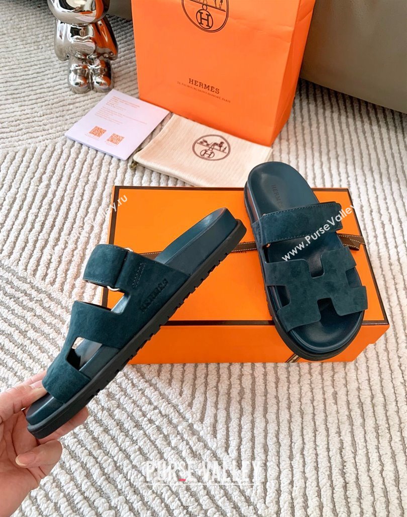 Hermes Chypre Flat Sandals in Suede Peacock Green 2024 0123 (MD-240123107)