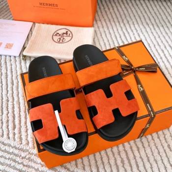 Hermes Chypre Flat Sandals in Suede Orange 2024 0123 (MD-240123108)