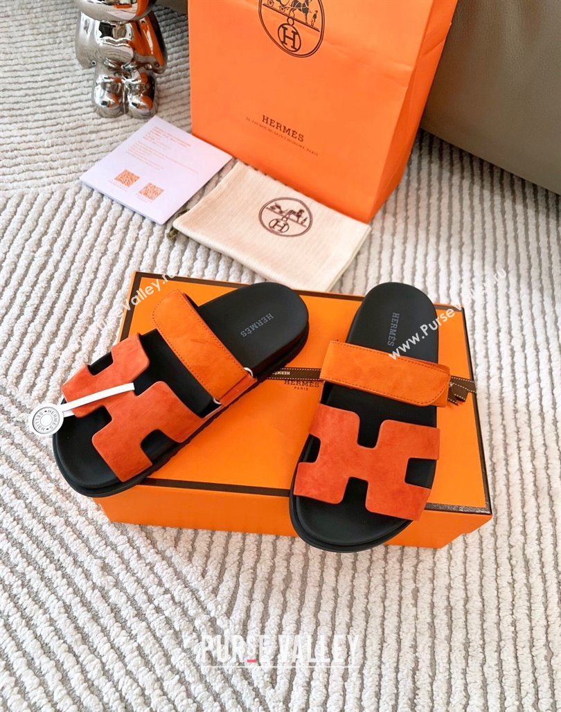 Hermes Chypre Flat Sandals in Suede Orange 2024 0123 (MD-240123108)