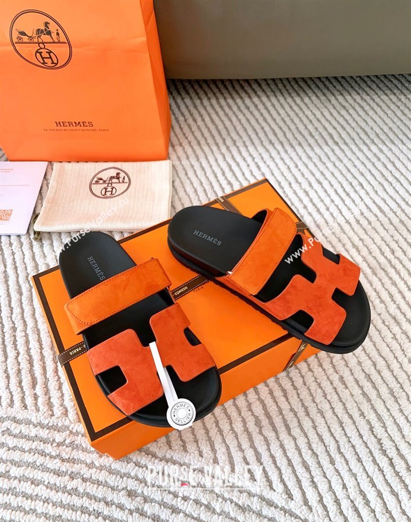 Hermes Chypre Flat Sandals in Suede Orange 2024 0123 (MD-240123108)