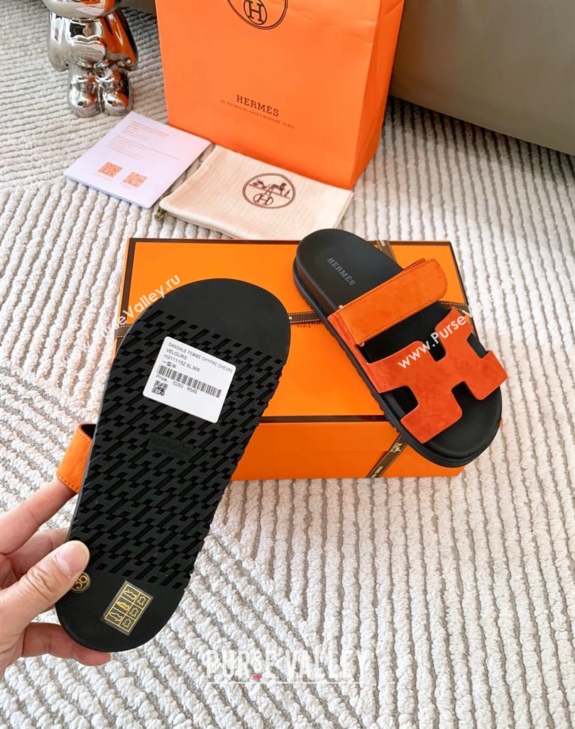 Hermes Chypre Flat Sandals in Suede Orange 2024 0123 (MD-240123108)