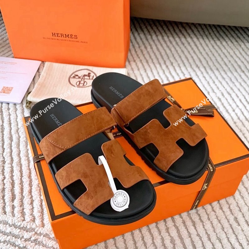 Hermes Chypre Flat Sandals in Suede Dark Brown 2024 0123 (MD-240123109)