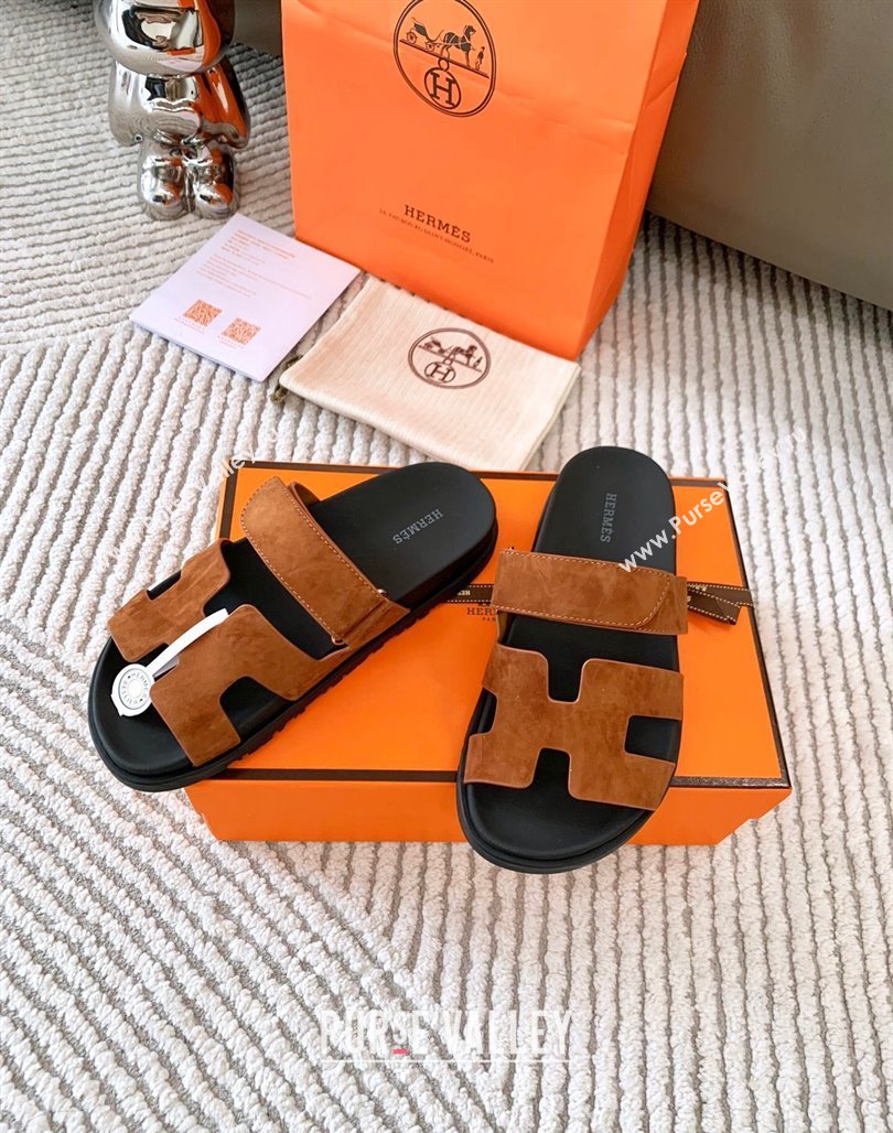 Hermes Chypre Flat Sandals in Suede Dark Brown 2024 0123 (MD-240123109)