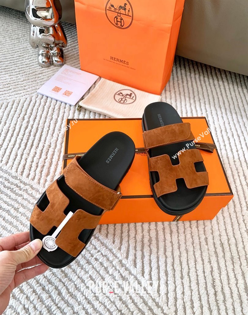 Hermes Chypre Flat Sandals in Suede Dark Brown 2024 0123 (MD-240123109)