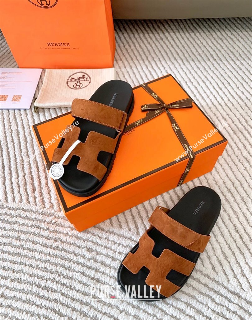 Hermes Chypre Flat Sandals in Suede Dark Brown 2024 0123 (MD-240123109)