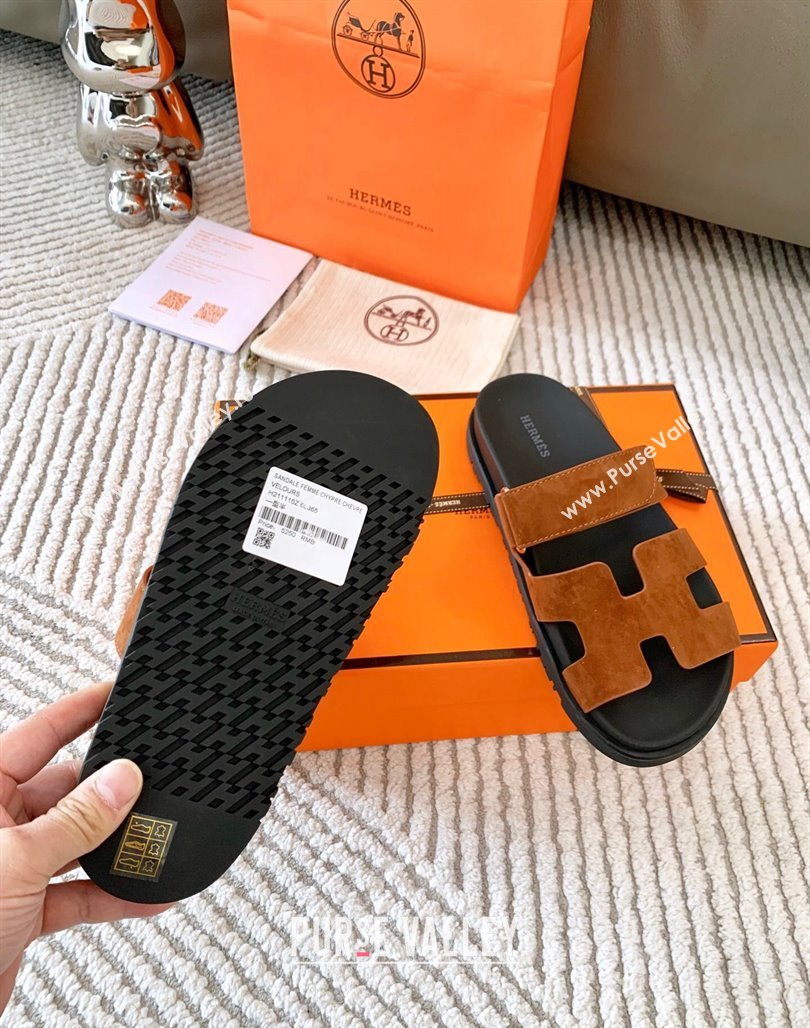 Hermes Chypre Flat Sandals in Suede Dark Brown 2024 0123 (MD-240123109)