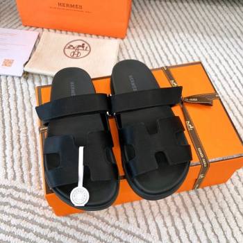 Hermes Chypre Flat Sandals in Satin Fabric Black 2024 0123 (MD-240123112)