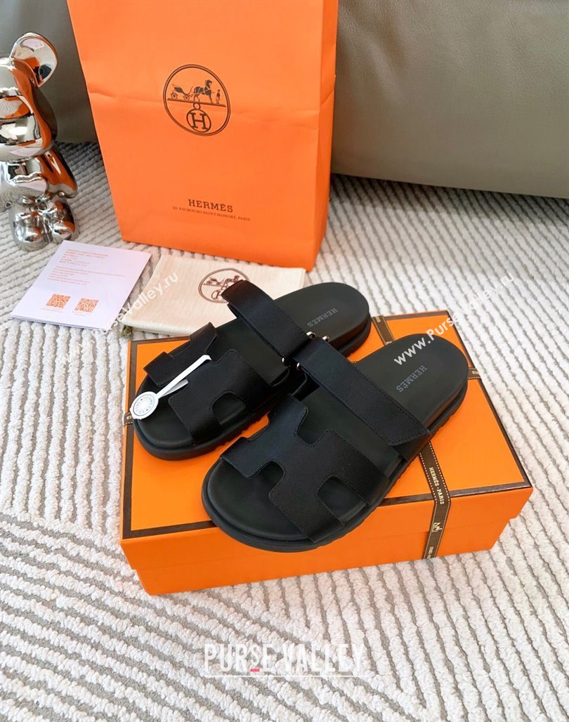 Hermes Chypre Flat Sandals in Satin Fabric Black 2024 0123 (MD-240123112)