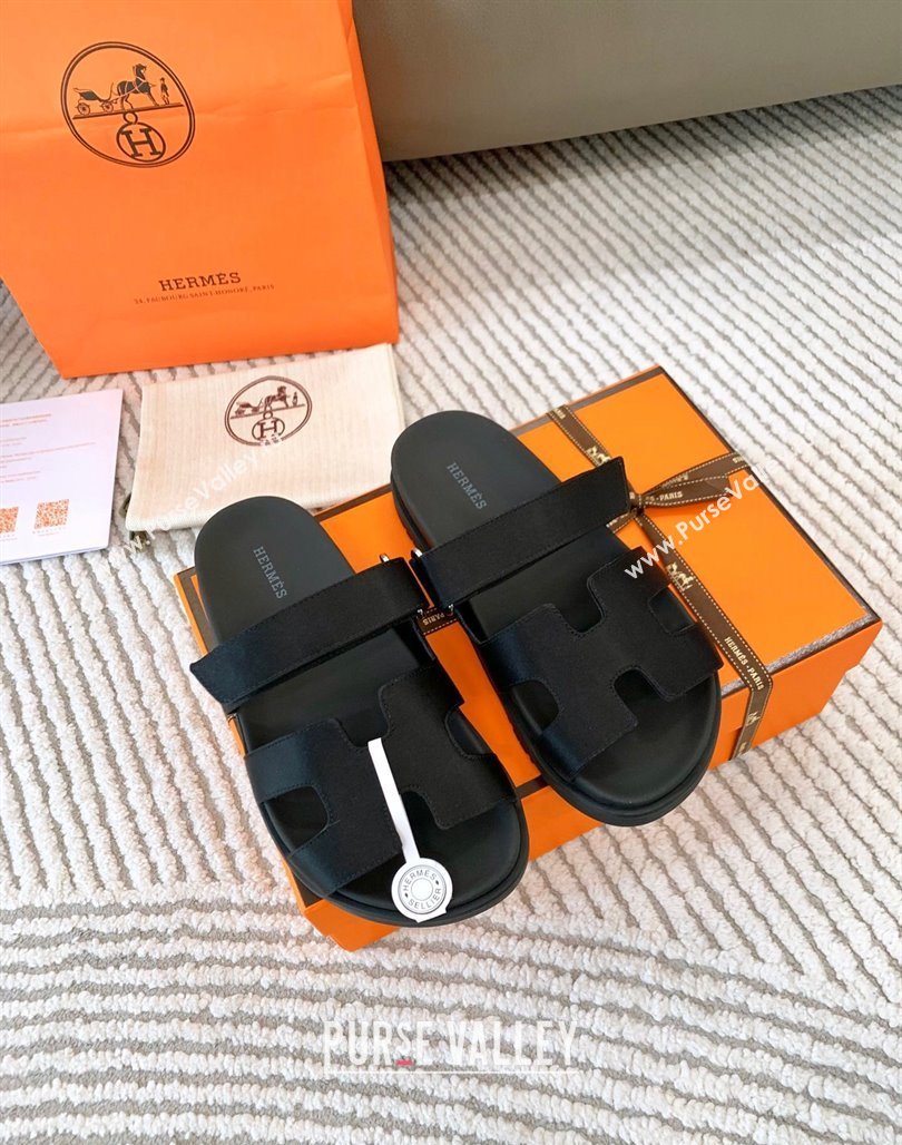 Hermes Chypre Flat Sandals in Satin Fabric Black 2024 0123 (MD-240123112)