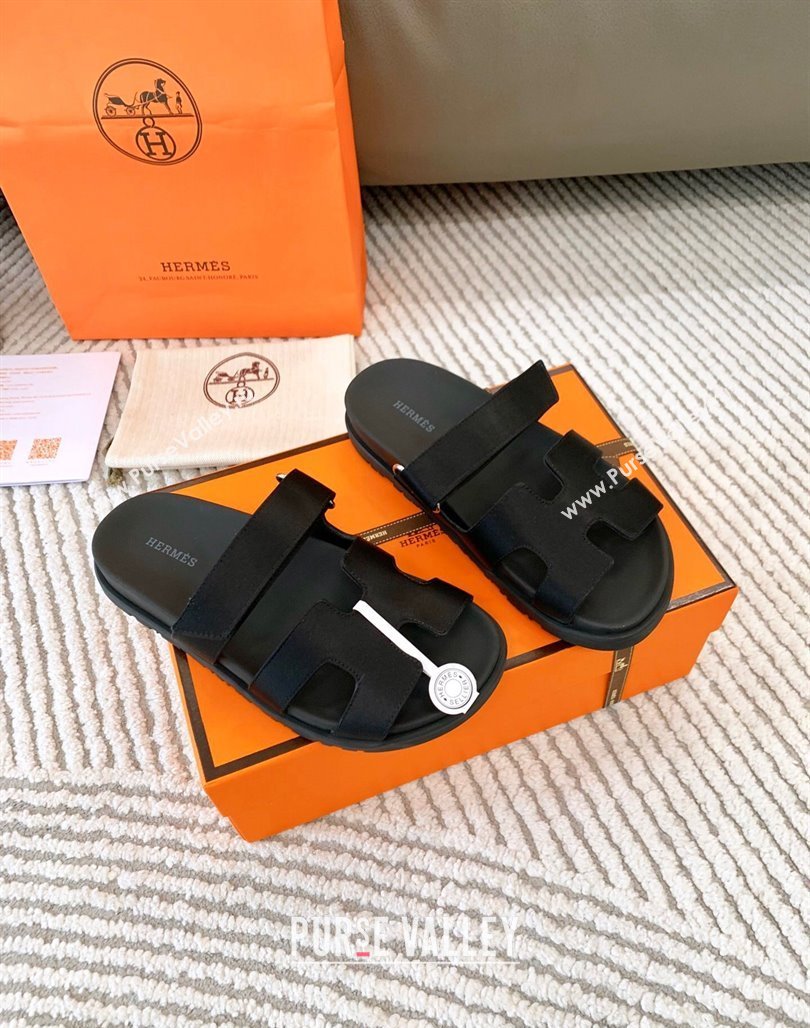 Hermes Chypre Flat Sandals in Satin Fabric Black 2024 0123 (MD-240123112)