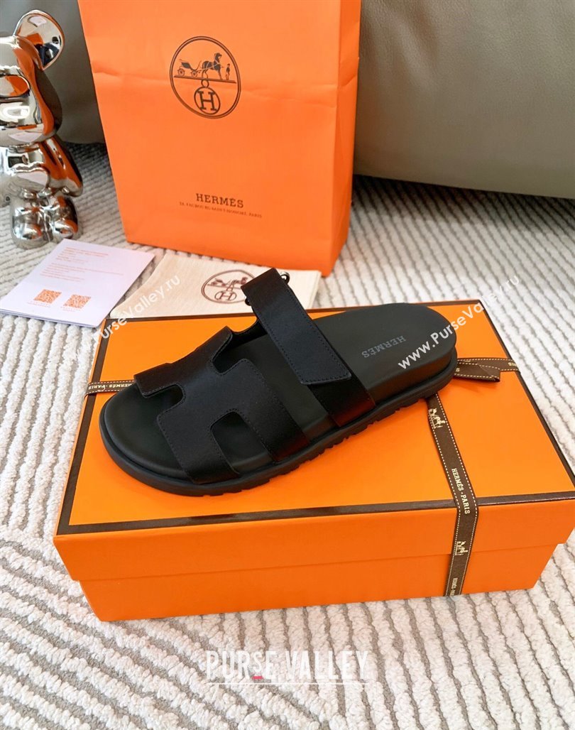 Hermes Chypre Flat Sandals in Satin Fabric Black 2024 0123 (MD-240123112)