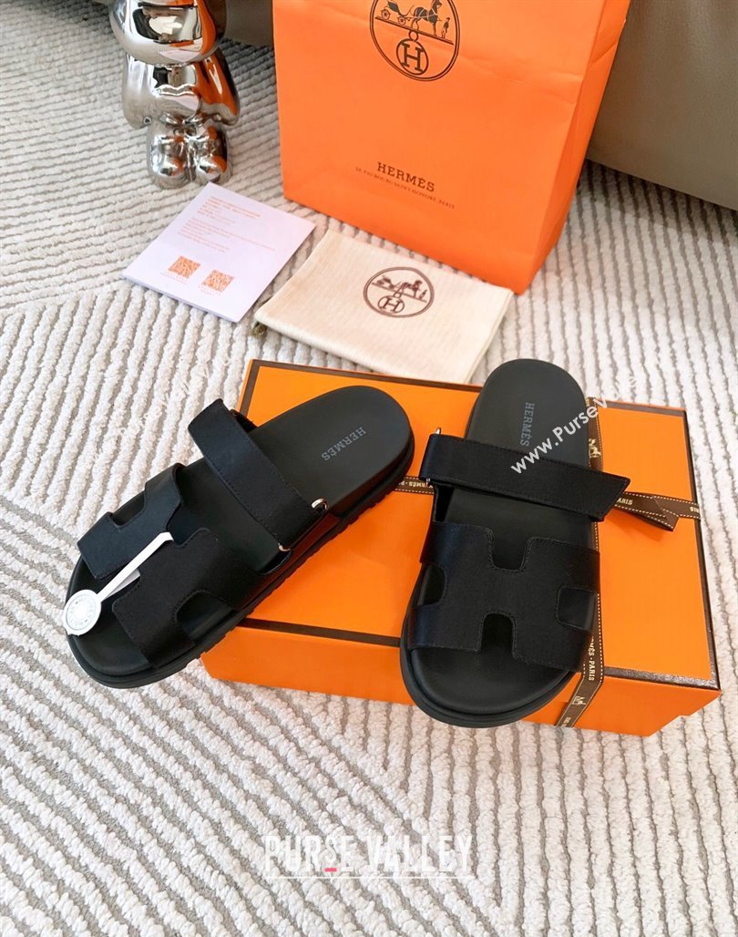 Hermes Chypre Flat Sandals in Satin Fabric Black 2024 0123 (MD-240123112)