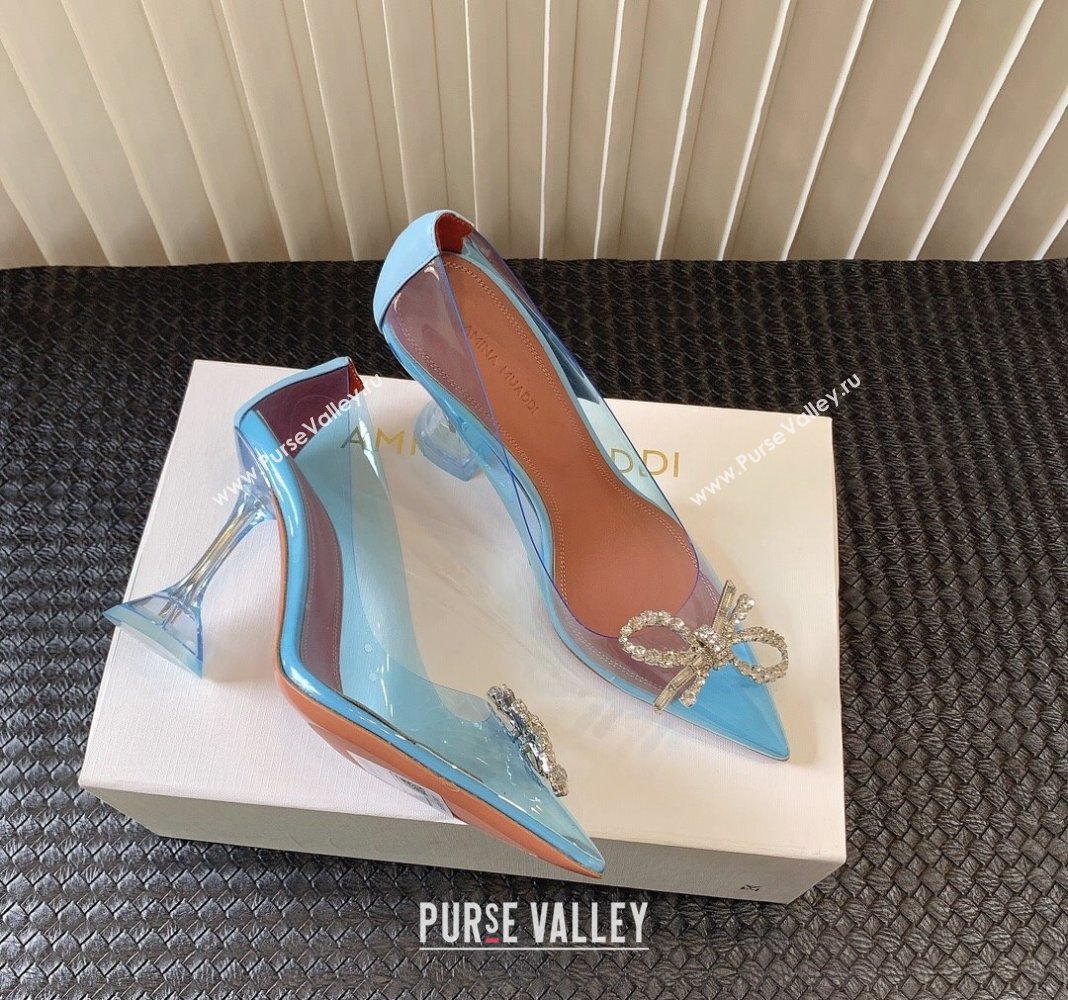 Amina Muaddi Rosie Glass PVC Pumps 9.5cm with Crystals Bow Light Blue 2024 0124 (MD-240124079)