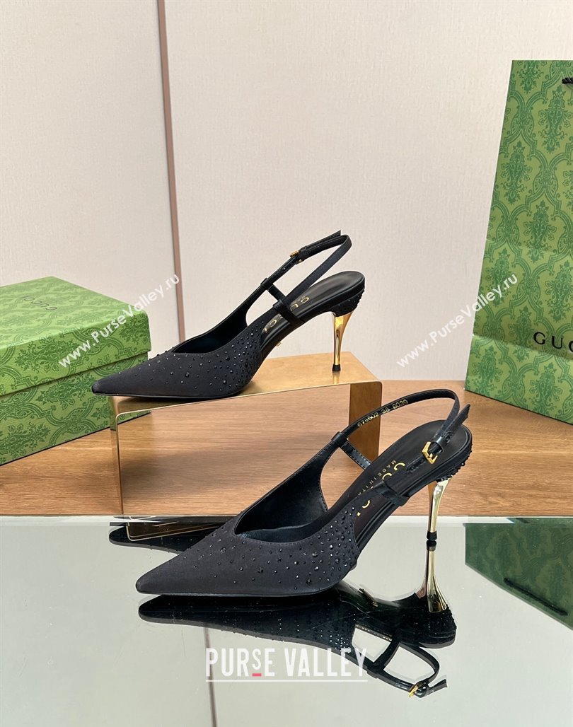 Gucci Satin Slingback Pumps 8.5cm with Crystals Black 2024 ‎0127 (SS-240127069)