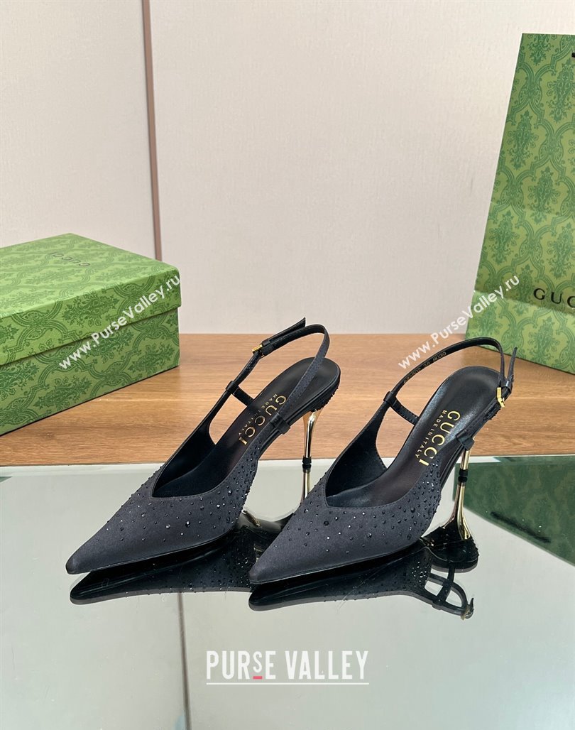 Gucci Satin Slingback Pumps 8.5cm with Crystals Black 2024 ‎0127 (SS-240127069)