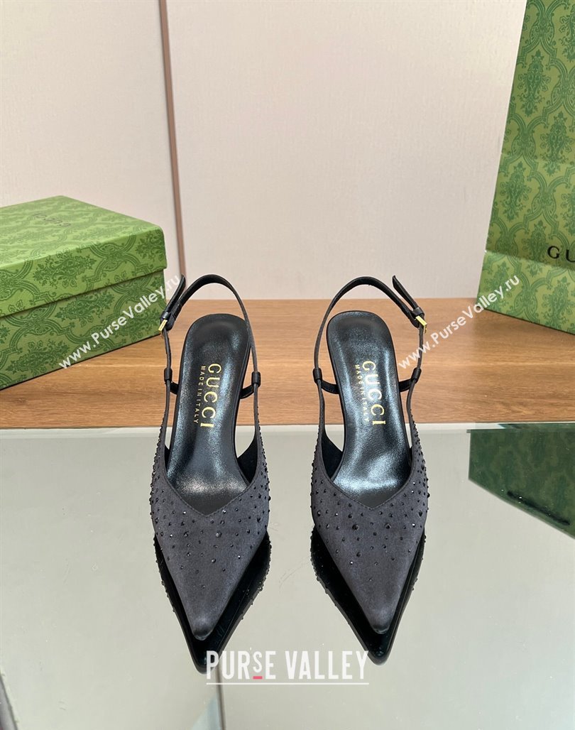 Gucci Satin Slingback Pumps 8.5cm with Crystals Black 2024 ‎0127 (SS-240127069)