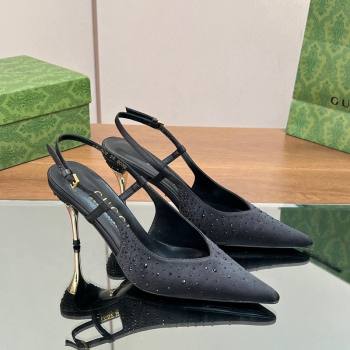 Gucci Satin Slingback Pumps 8.5cm with Crystals Black 2024 ‎0127 (SS-240127069)