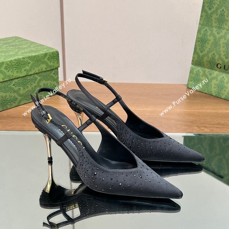 Gucci Satin Slingback Pumps 8.5cm with Crystals Black 2024 ‎0127 (SS-240127069)