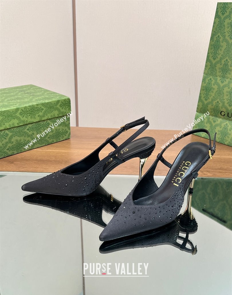 Gucci Satin Slingback Pumps 8.5cm with Crystals Black 2024 ‎0127 (SS-240127069)