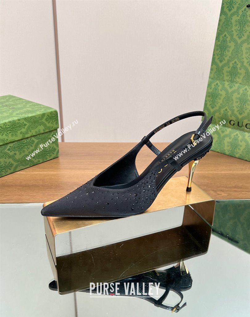 Gucci Satin Slingback Pumps 8.5cm with Crystals Black 2024 ‎0127 (SS-240127069)